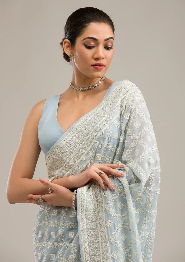 Fashion Cave Grey Threadwork Georgette Saree