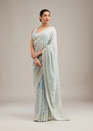 Fashion Cave Grey Threadwork Georgette Saree