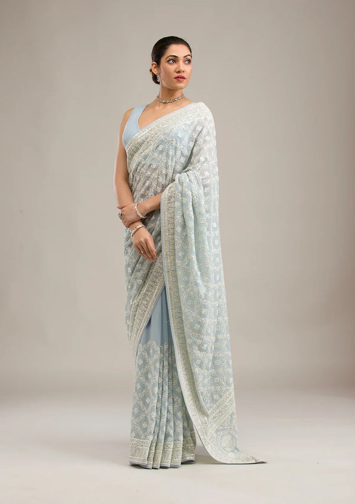 Fashion Cave Grey Threadwork Georgette Saree