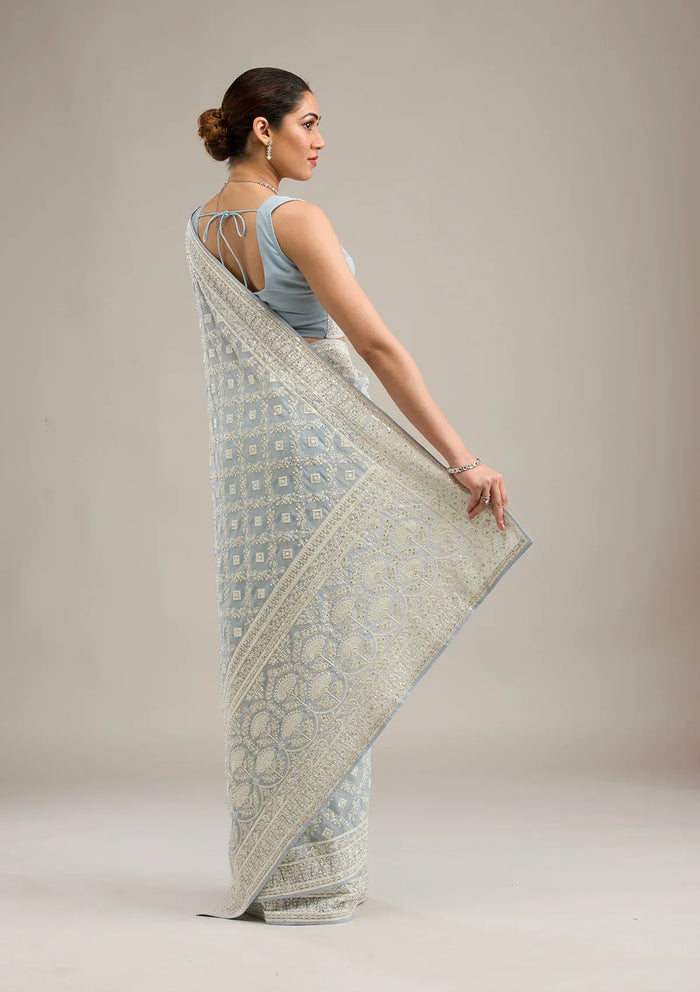 Fashion Cave Grey Threadwork Georgette Saree
