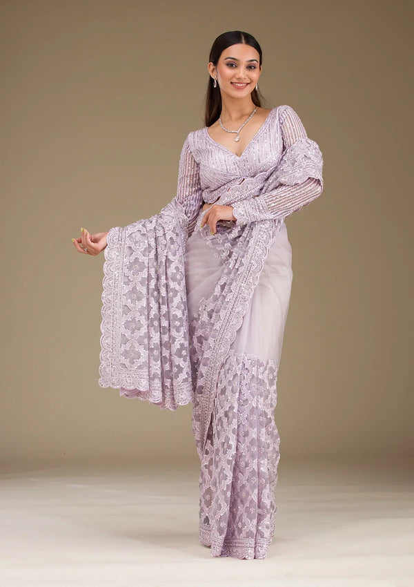 Fashion Cave Lavender Threadwork Net Saree