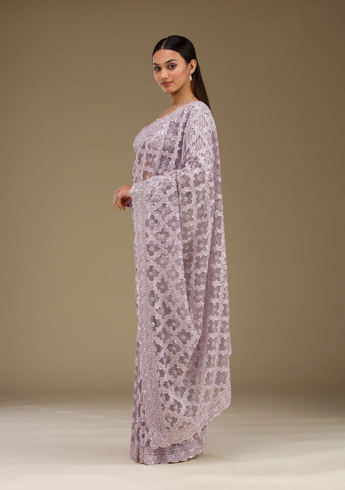 Fashion Cave Lavender Threadwork Net Saree