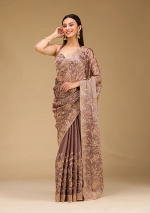 Fashion Cave Lavender Zariwork Tissue Saree