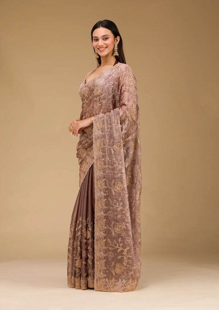 Fashion Cave Lavender Zariwork Tissue Saree