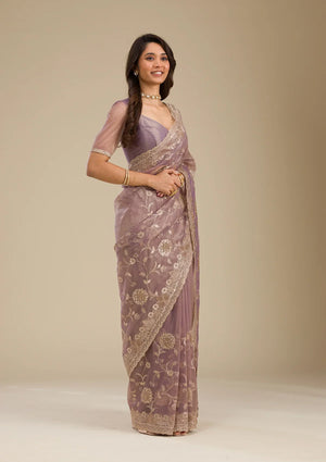 Fashion Cave Light Brown Zariwork Tissue Saree