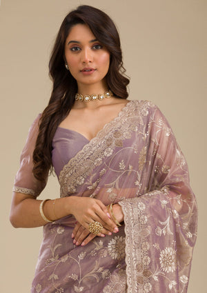 Fashion Cave Light Brown Zariwork Tissue Saree