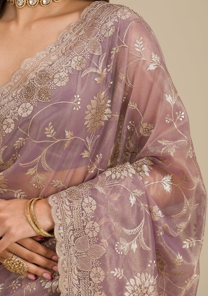 Fashion Cave Light Brown Zariwork Tissue Saree