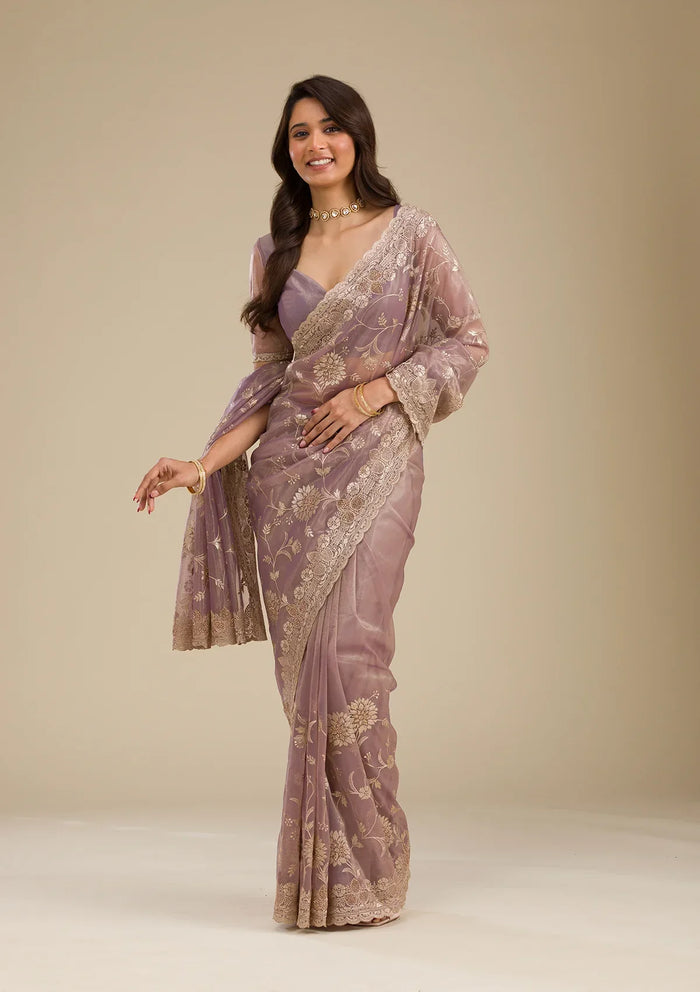 Fashion Cave Light Brown Zariwork Tissue Saree