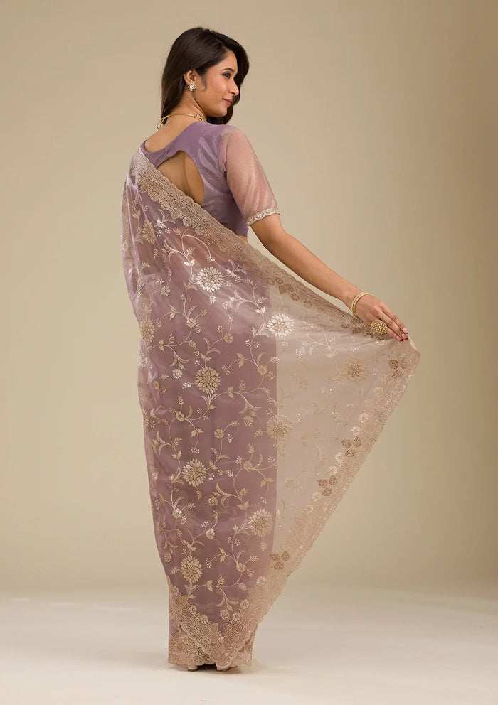 Fashion Cave Light Brown Zariwork Tissue Saree