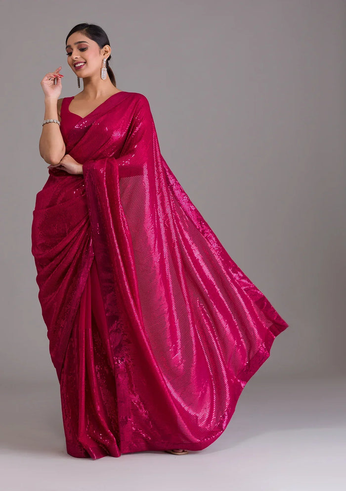 Fashion Cave Rani Pink Sequins Georgette Designer Saree