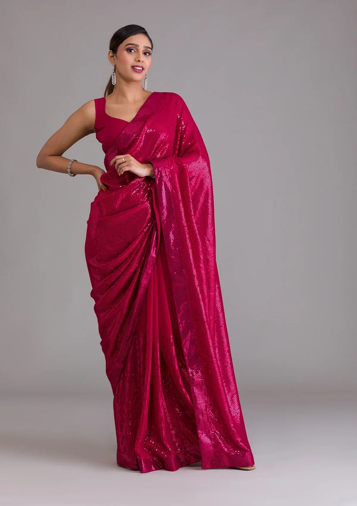 Fashion Cave Rani Pink Sequins Georgette Designer Saree