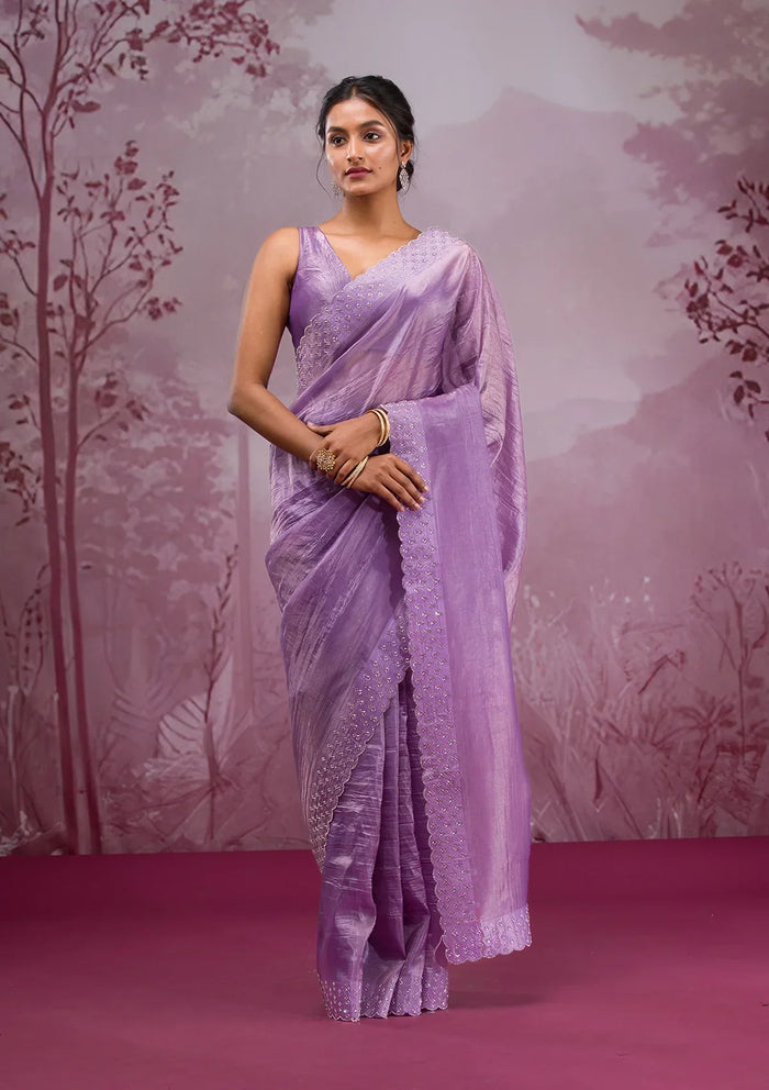 Fashion Cave Mauve Swarovski Tissue Saree