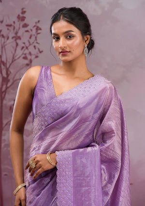 Fashion Cave Mauve Swarovski Tissue Saree