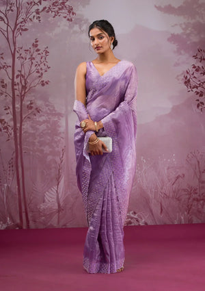 Fashion Cave Mauve Swarovski Tissue Saree