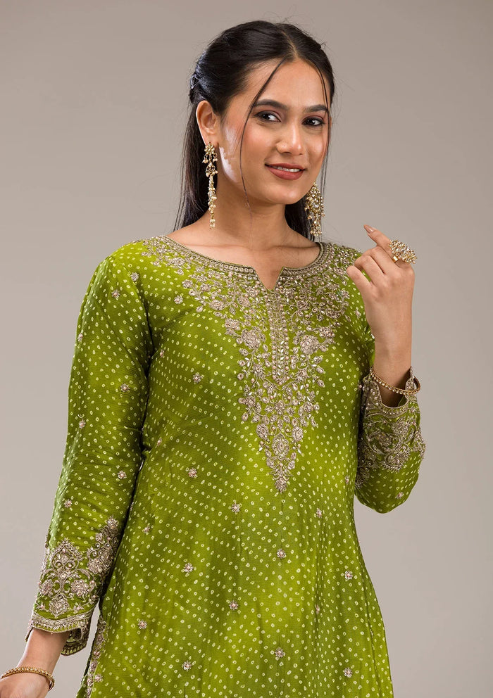 Fashion Cave Mehendi Zariwork Semi Crepe Readymade Salwar Suit