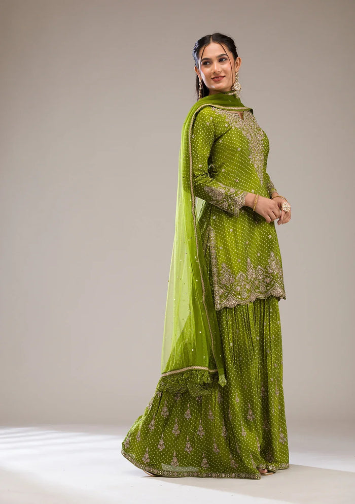Fashion Cave Mehendi Zariwork Semi Crepe Readymade Salwar Suit