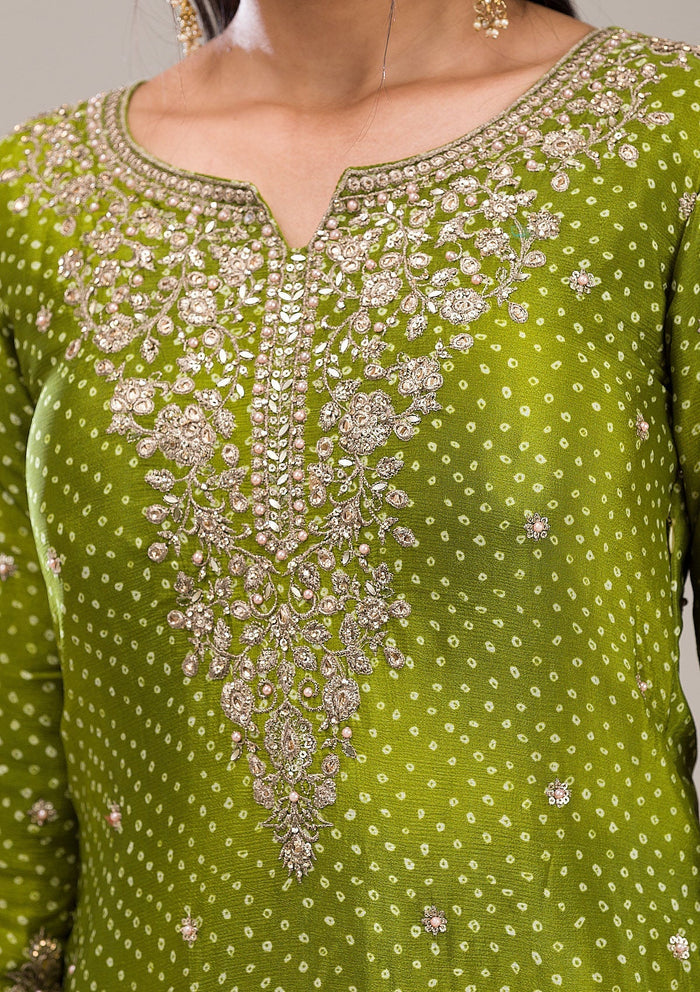 Fashion Cave Mehendi Zariwork Semi Crepe Readymade Salwar Suit