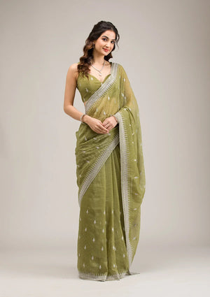 Fashion Cave Mehendi Zariwork Tissue Saree