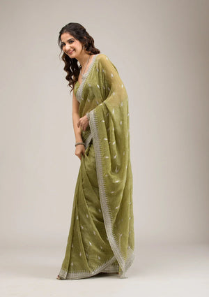 Fashion Cave Mehendi Zariwork Tissue Saree