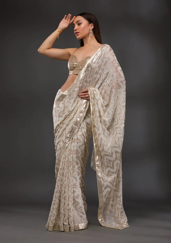 Fashion Cave Off White Sequins Georgette Saree