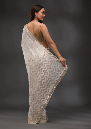 Fashion Cave Off White Sequins Georgette Saree