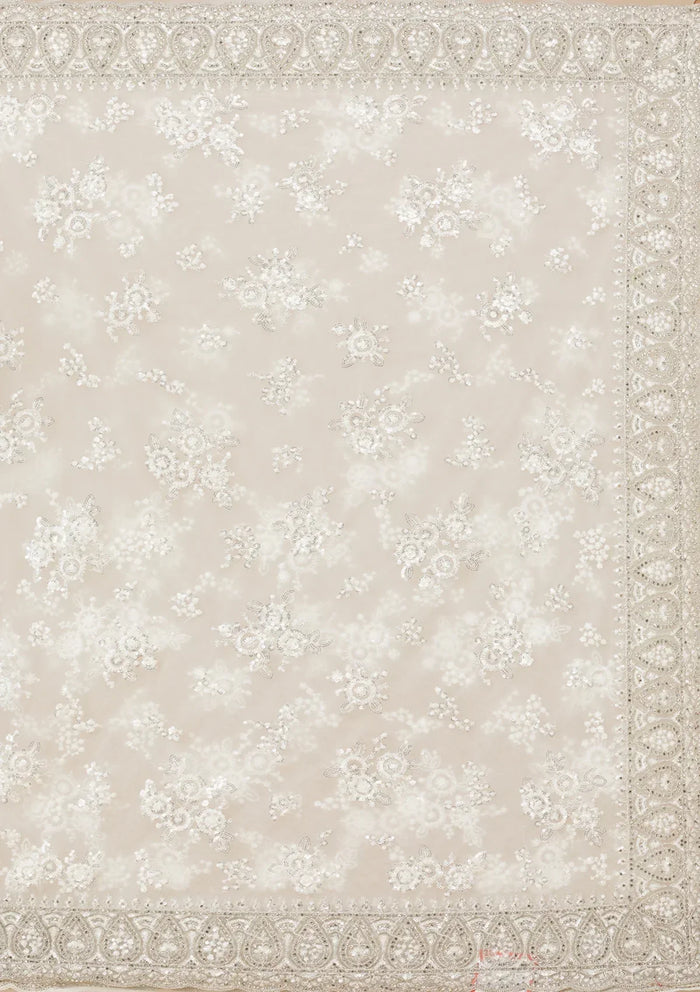 Fashion Cave Off White Stonework Net Saree