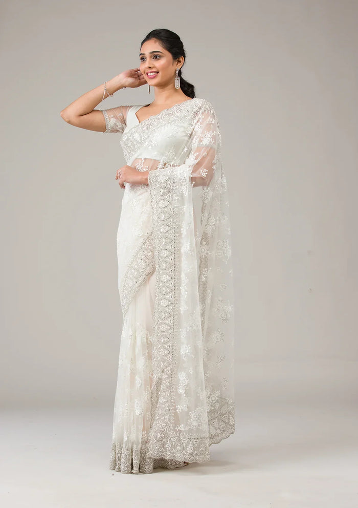Fashion Cave Off White Stonework Net Saree