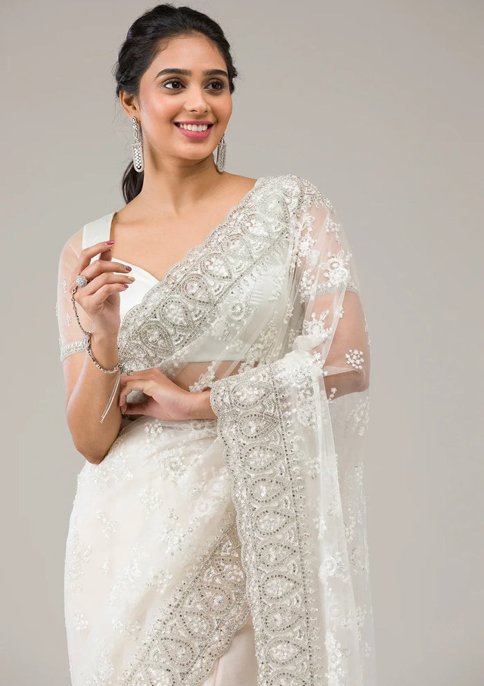 Fashion Cave Off White Stonework Net Saree