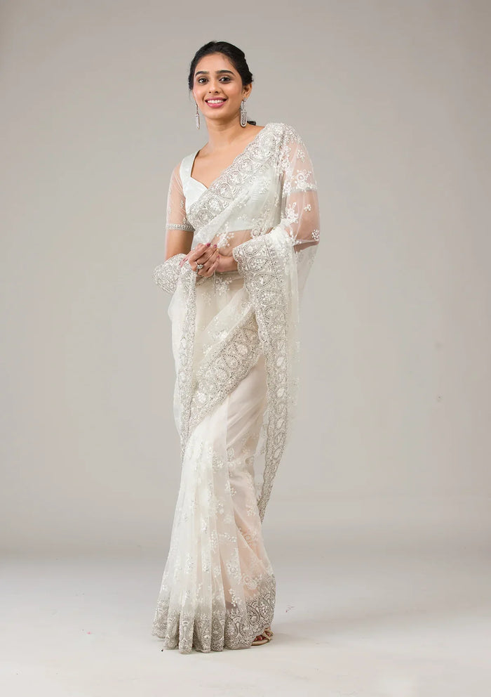 Fashion Cave Off White Stonework Net Saree