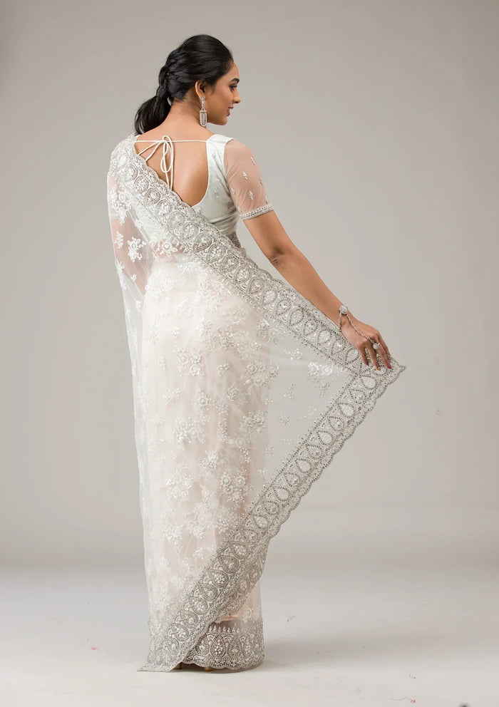 Fashion Cave Off White Stonework Net Saree