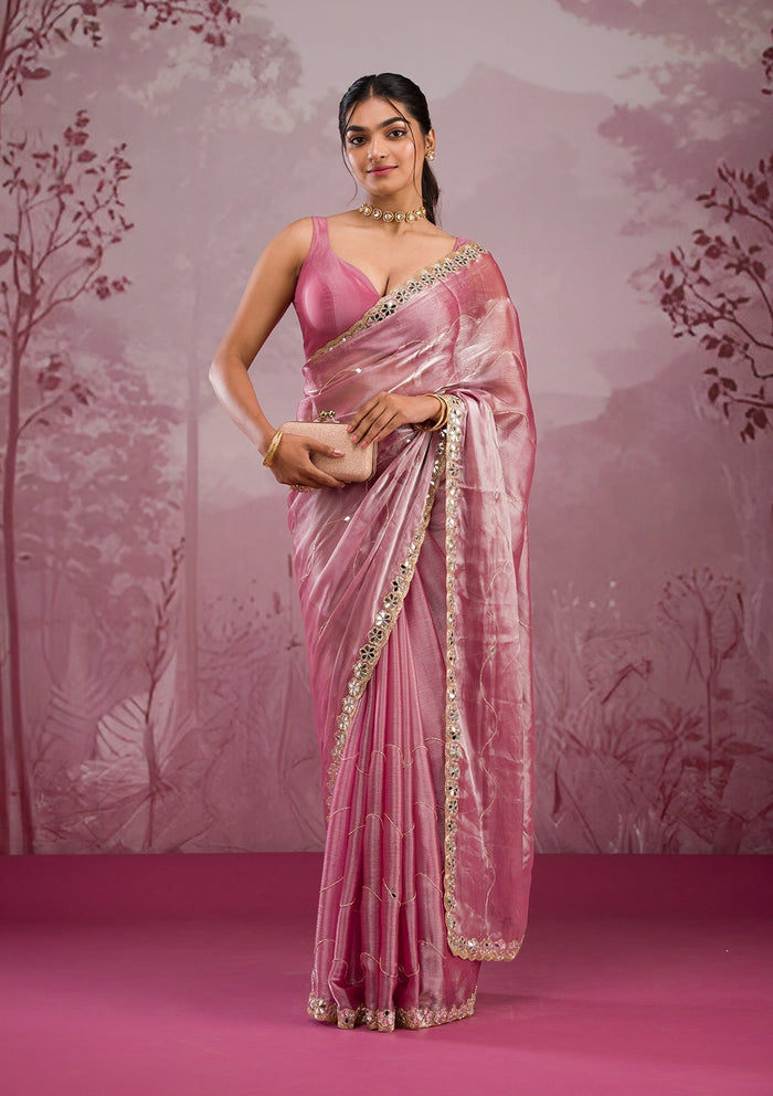 Fashion Cave Onion Pink Mirrorwork Tissue Saree