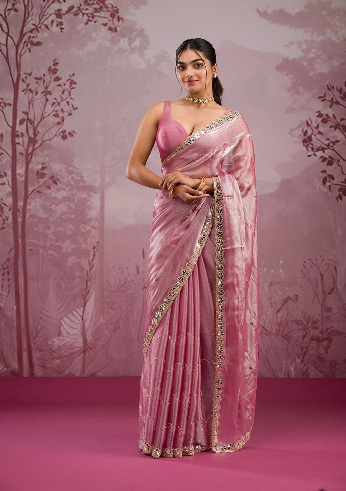 Fashion Cave Onion Pink Mirrorwork Tissue Saree