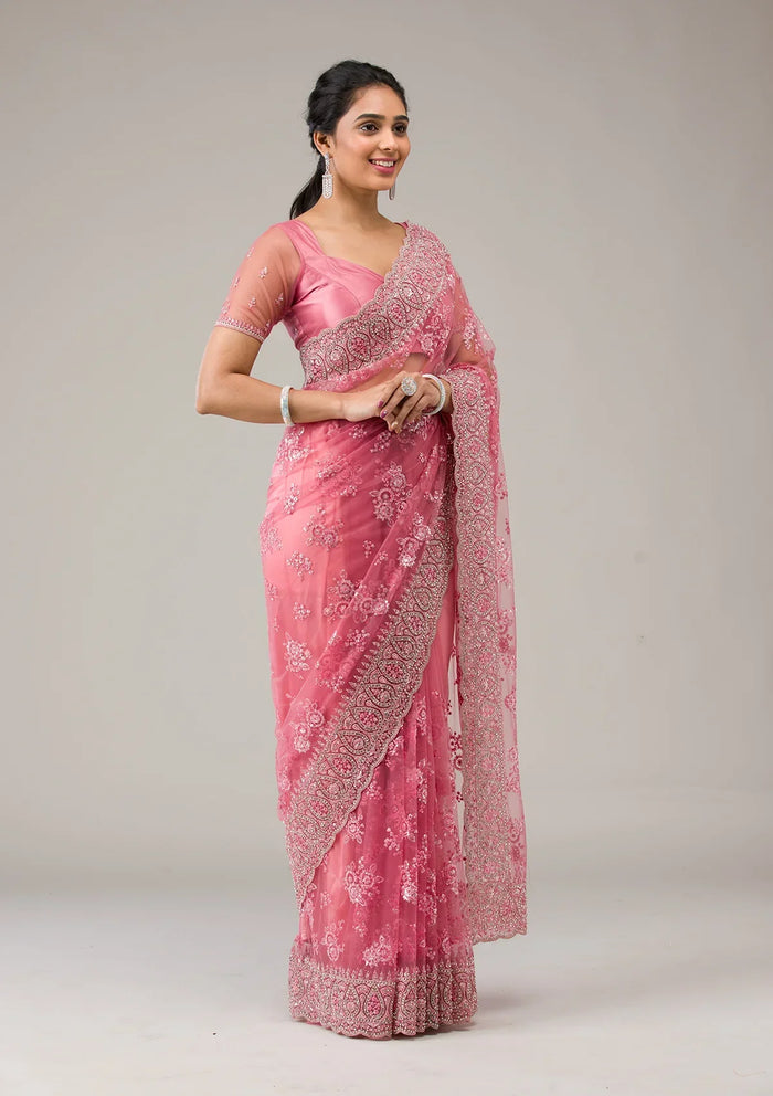 Fashion Cave Onion Pink Stonework Net Saree
