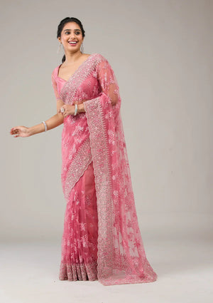 Fashion Cave Onion Pink Stonework Net Saree