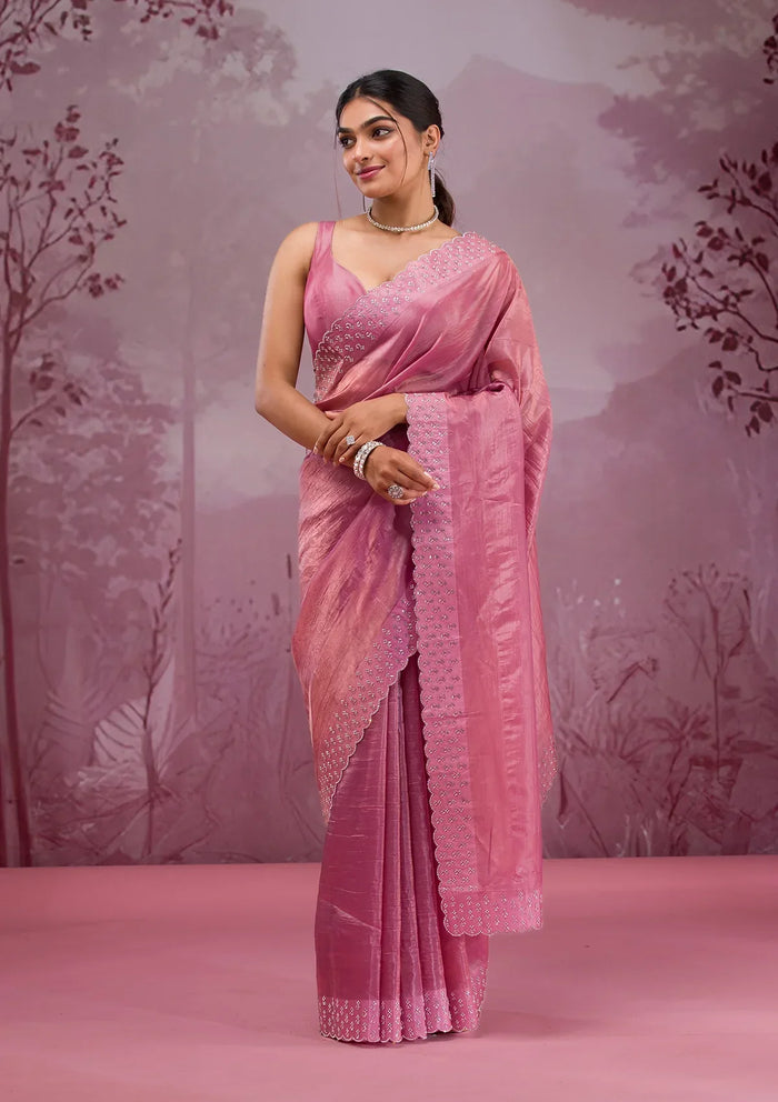Fashion Cave Onion Pink Swarovski Tissue Saree