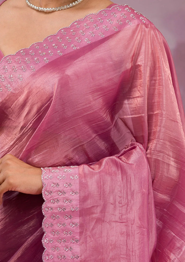 Fashion Cave Onion Pink Swarovski Tissue Saree