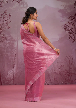 Fashion Cave Onion Pink Swarovski Tissue Saree