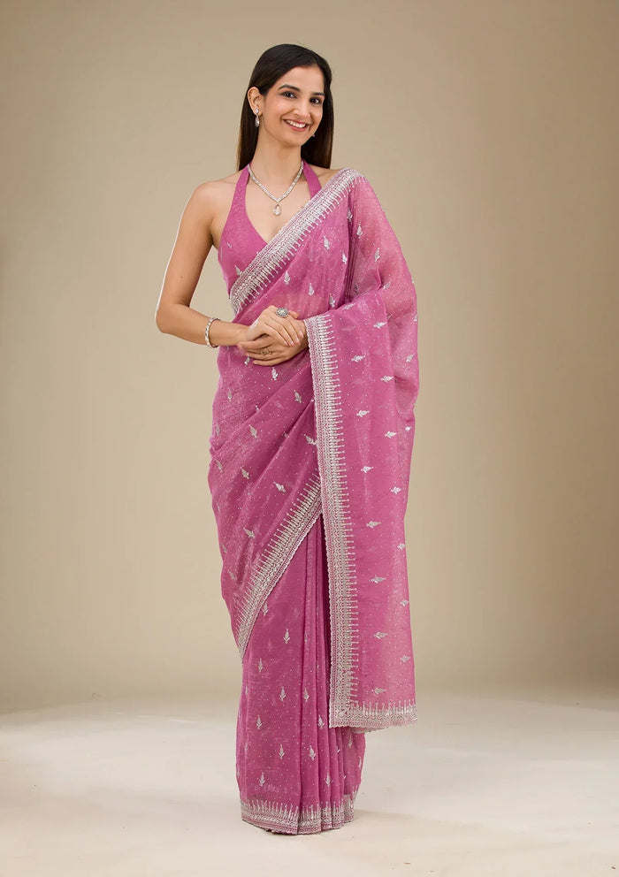 Fashion Cave Onion Pink Zariwork Tissue Saree