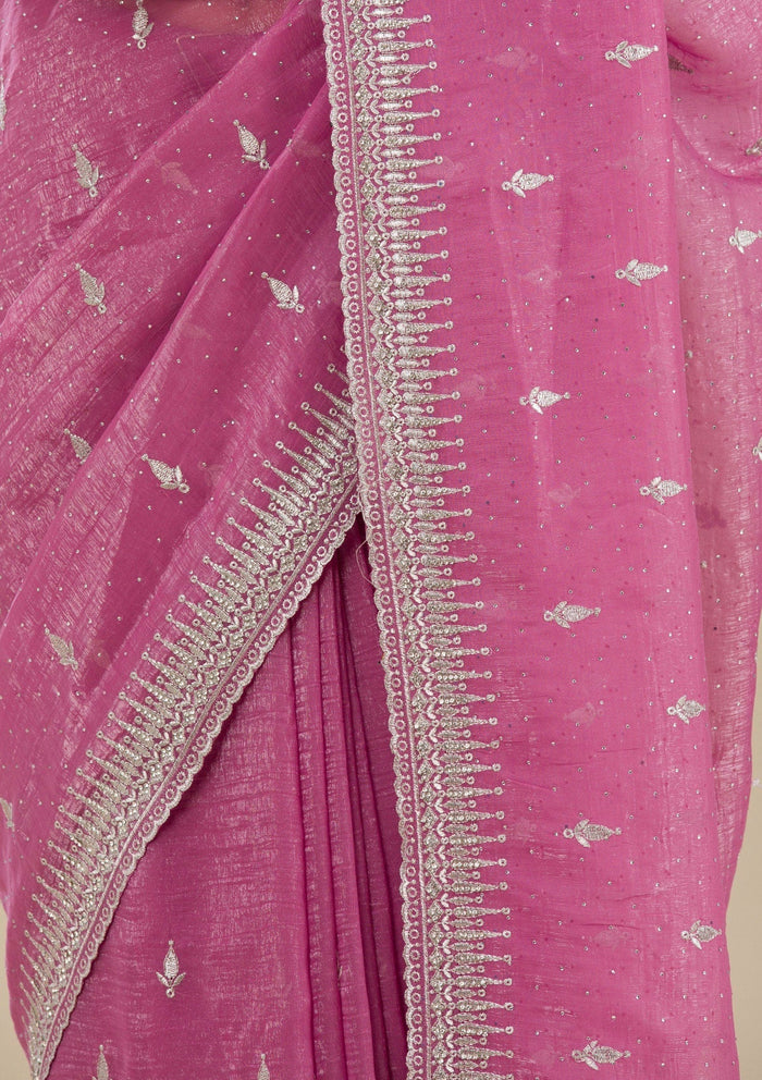 Fashion Cave Onion Pink Zariwork Tissue Saree