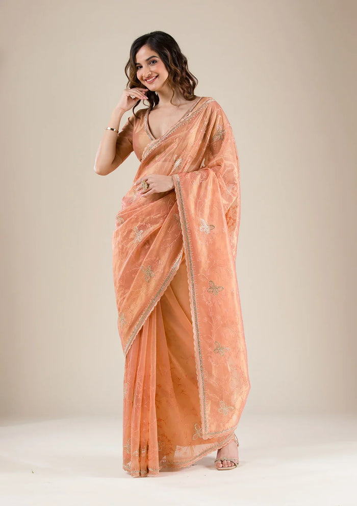 Fashion Cave Peach Stonework Tissue Saree