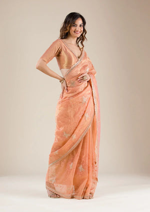 Fashion Cave Peach Stonework Tissue Saree