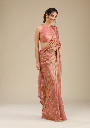 Fashion Cave Peach Stonework Tissue Saree