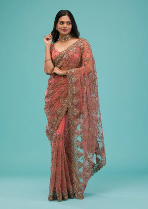 Fashion Cave Peach Zariwork Net Saree