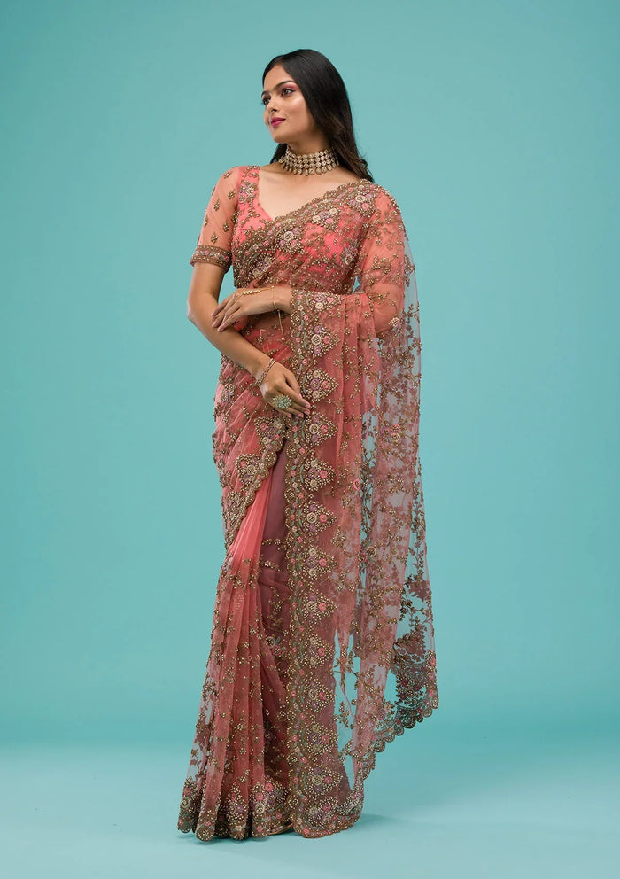 Fashion Cave Peach Zariwork Net Saree