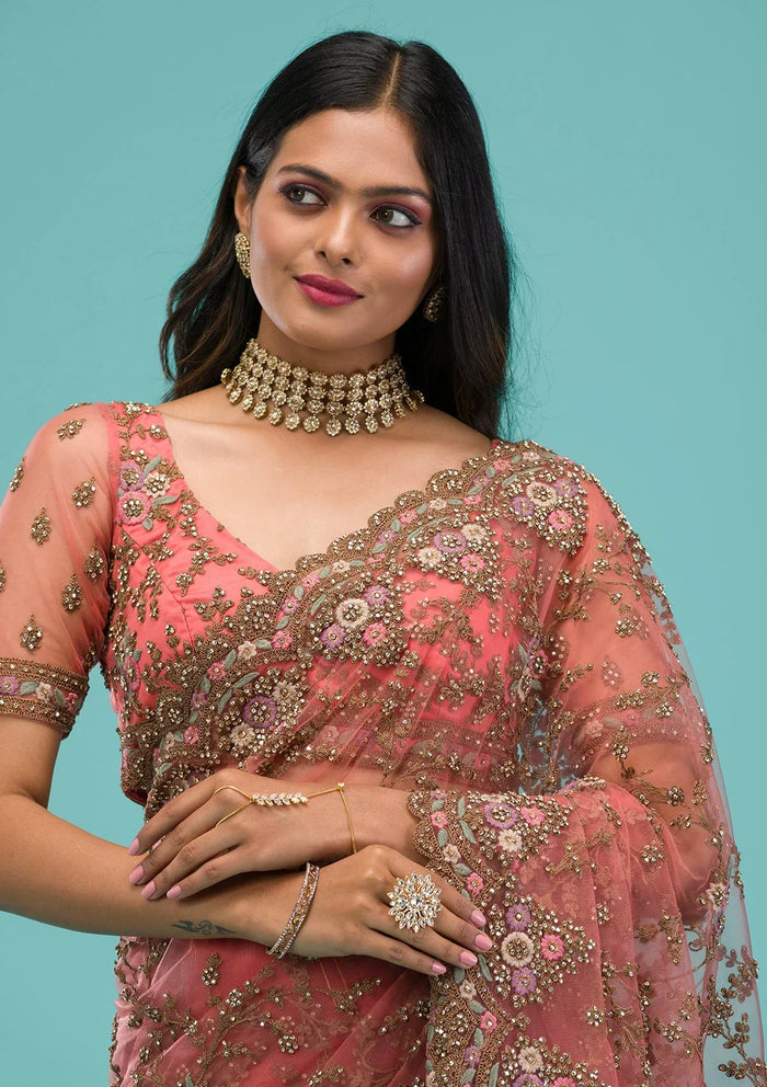 Fashion Cave Peach Zariwork Net Saree