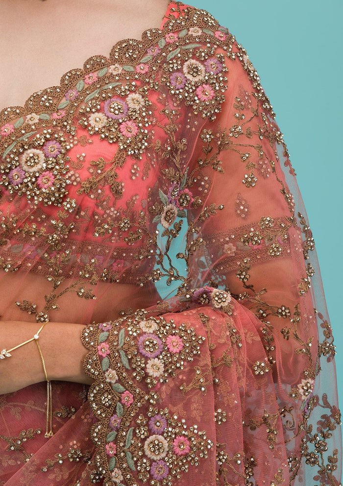Fashion Cave Peach Zariwork Net Saree