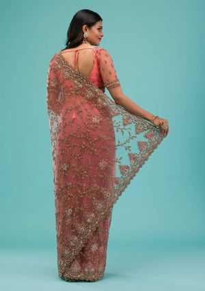 Fashion Cave Peach Zariwork Net Saree