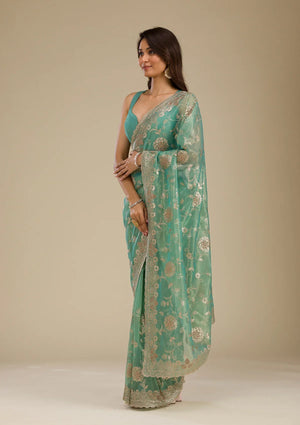 Fashion Cave Sea Green Zariwork Tissue Saree