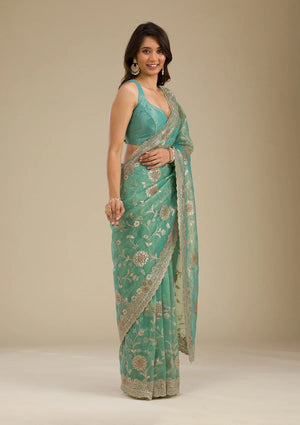 Fashion Cave Sea Green Zariwork Tissue Saree