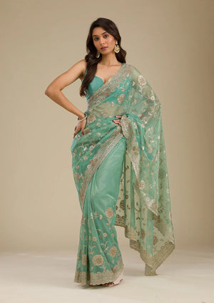 Fashion Cave Sea Green Zariwork Tissue Saree